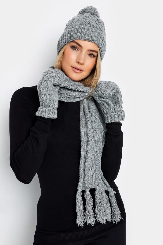 Grey Cable Knit Scarf Hat & Gloves Set 1