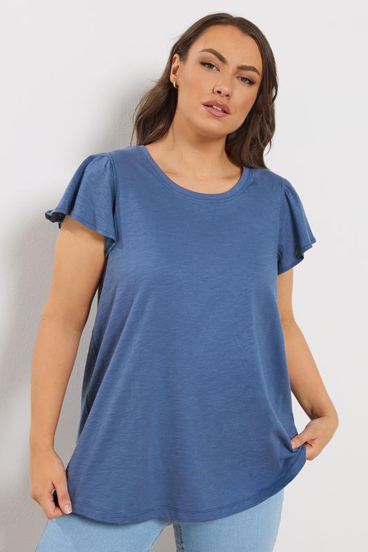 YOURS Plus Size Denim Blue Frill Sleeve T-Shirt | Yours Clothing 1