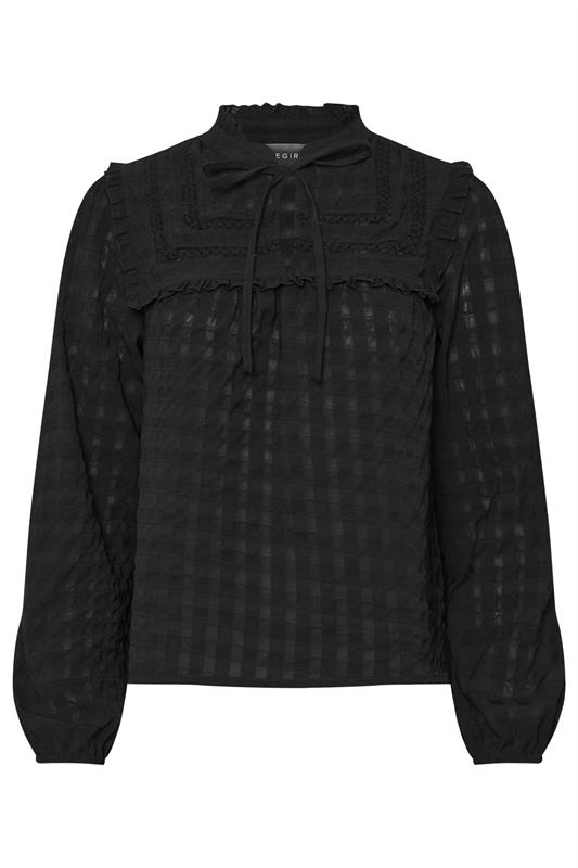 PixieGirl Petite Women's Black Crinkle Crochet Tie Neck Blouse | PixieGirl 6