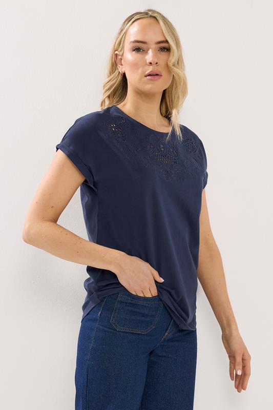LTS Tall Navy Blue Embroidered Cotton Short Sleeve T-Shirt
