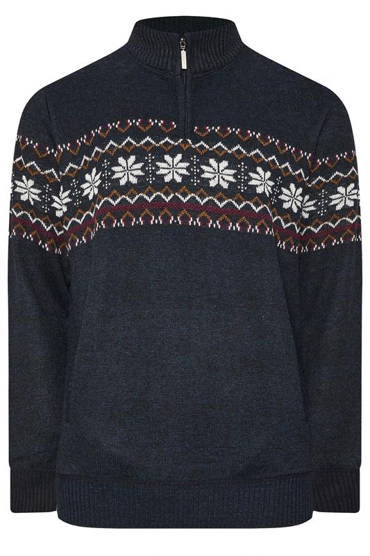 D555 Big & Tall Navy Blue Fairisle Quarter Zip Knitted Jumper | BadRhino 2