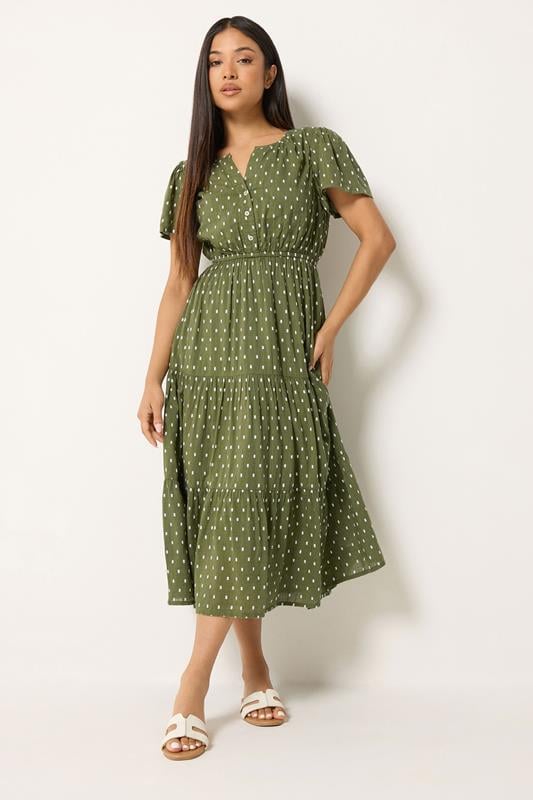  M&Co Petite Khaki Green Dobby Tiered Maxi Dress