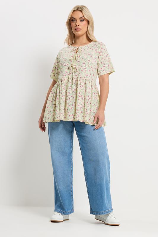 YOURS Plus Size Ivory White Floral Bow Front Peplum Top | Yours Clothing 2