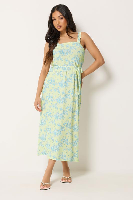 PixieGirl Petite Women's Yellow Floral Belted Midi Dress | PixieGirl 1