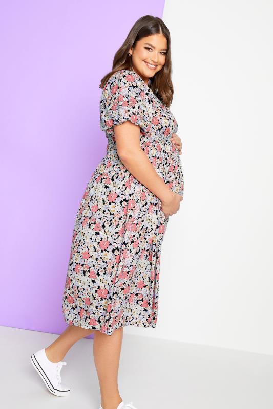 BUMP IT UP MATERNITY Curve Plus Size Pink Floral Shirred Dress | Yours Clothing  1