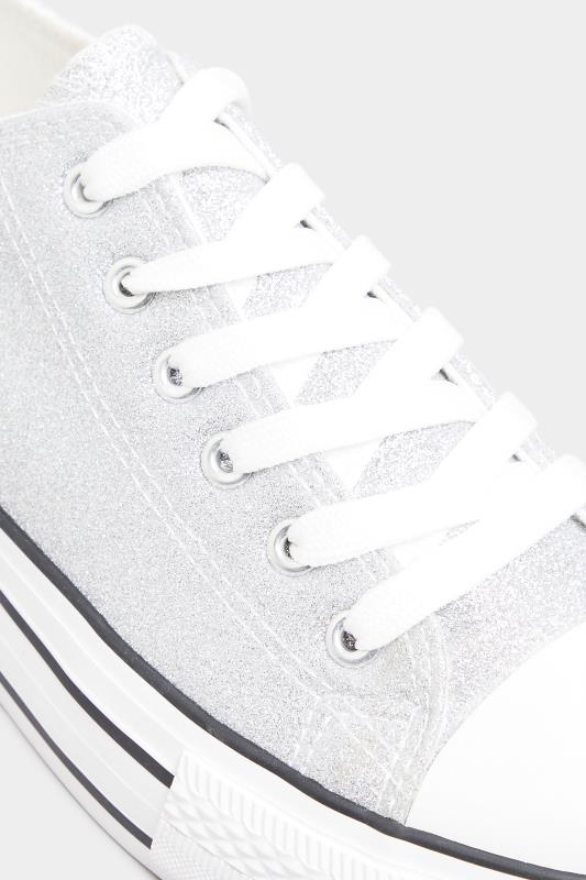 Wide Fit Silver Canvas Glitter Platform Trainers In E Fit | Yours Clothing 5