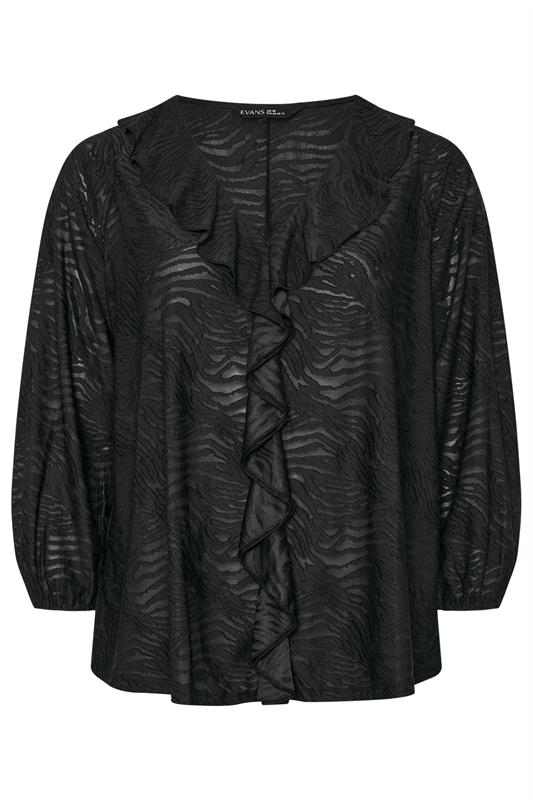 EVANS Plus Size Black Zebra Burnout Frill Detail Blouse | Evans 5