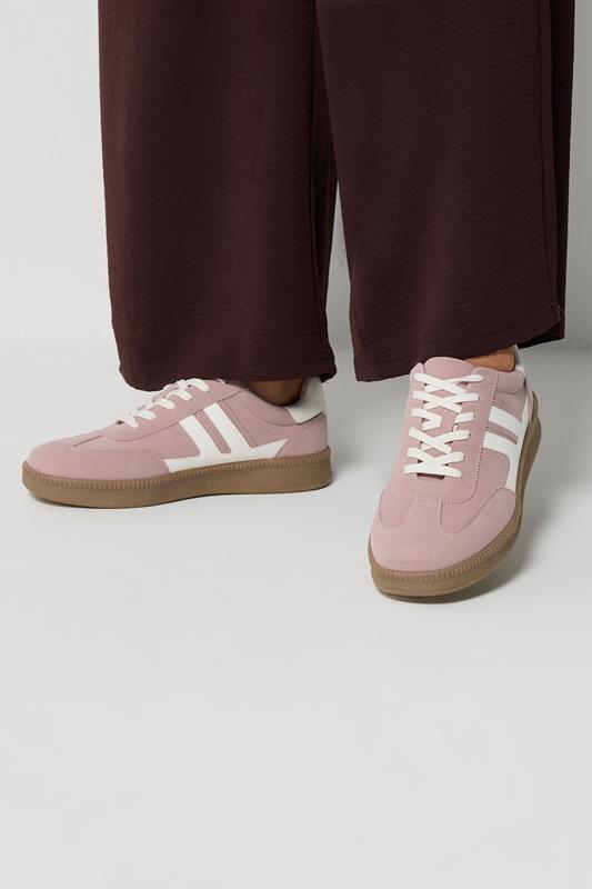 Pink Faux Suede Side Stripe Lace Up Trainer In Wide E Fit