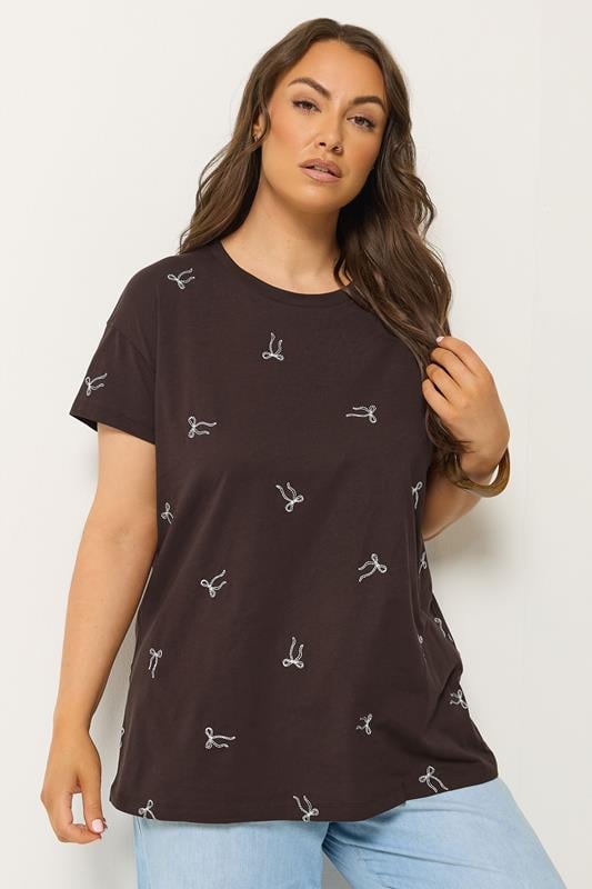 YOURS Curve Chocolate Brown Embroidered Bow T-Shirt