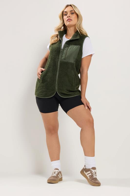 YOURS Plus Size Khaki Green Borg Zip Pocket Gilet | Yours Clothing 4