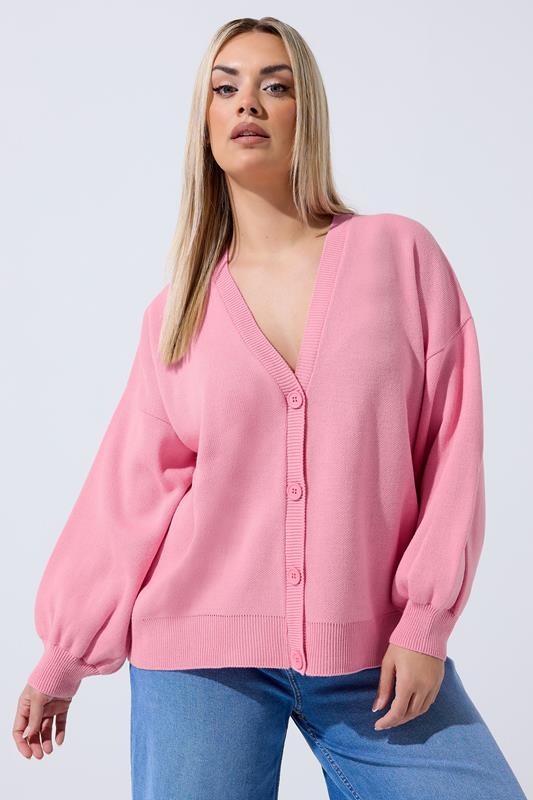 LIMITED COLLECTION Plus Size Pink Balloon Sleeve Cardigan | Yours Clothing 1
