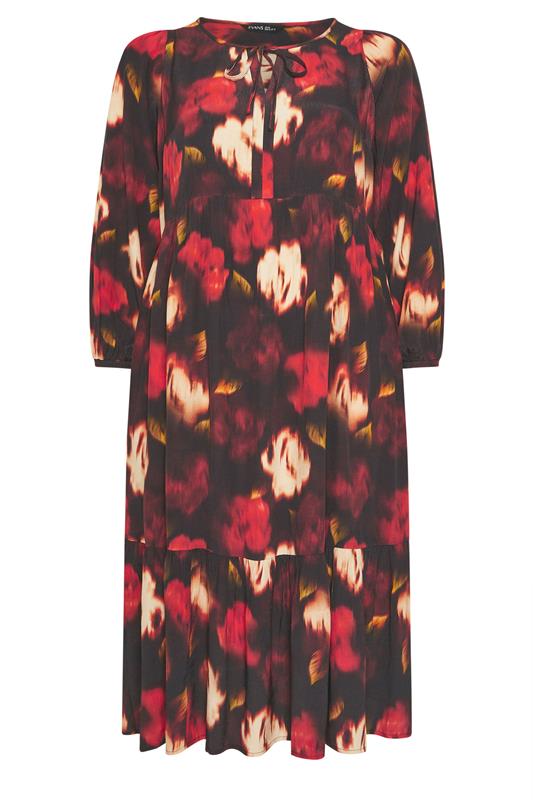EVANS Plus Size Red Blurred Floral Tie Neck Tiered Dress | Evans 5