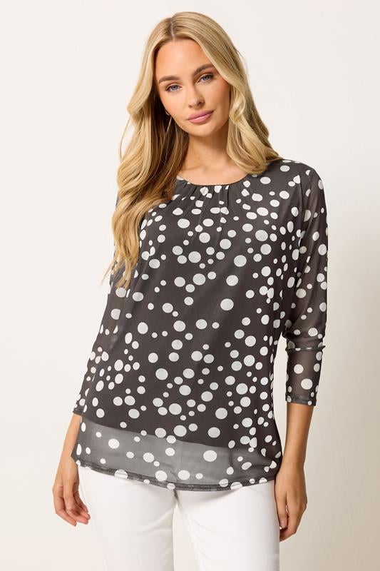  M&Co Brown Polka Dot Print Crew Neck Mesh Top