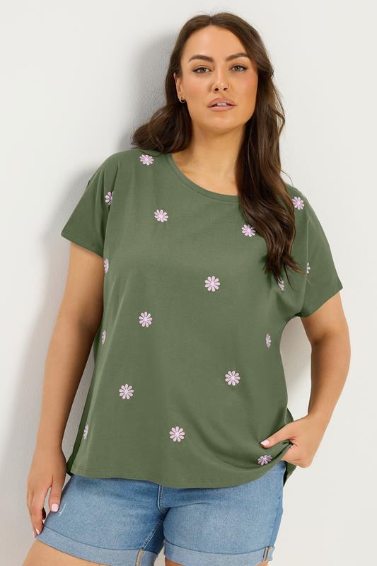 YOURS Curve Khaki Green Embroidered Daisy T-Shirt