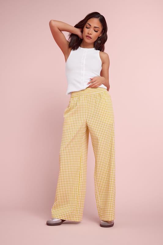 PixieGirl Petite Women's Yellow Gingham Wide Leg Trousers | PixieGirl 1