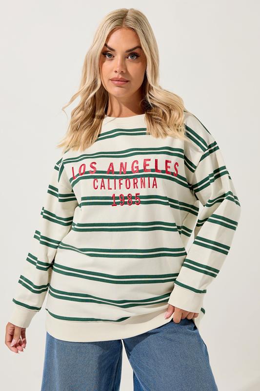  YOURS Curve Ivory White & Green Stripe 'Los Angeles' Sweatshirt