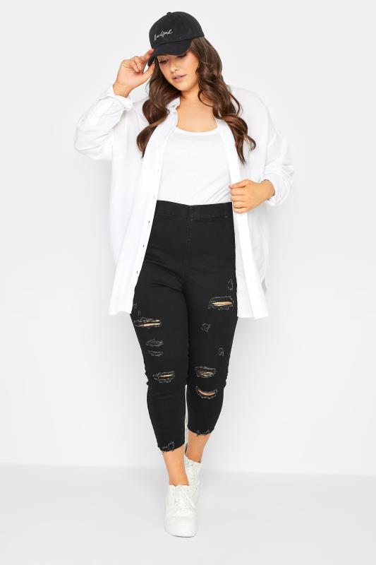 YOURS Plus Size Black Stretch Ripped Cropped JENNY Jeggings | Yours Clothing 2