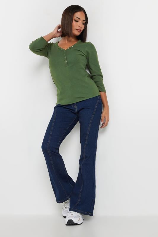 PixieGirl Petite Women's Khaki Green Button Henley Top | PixieGirl 1