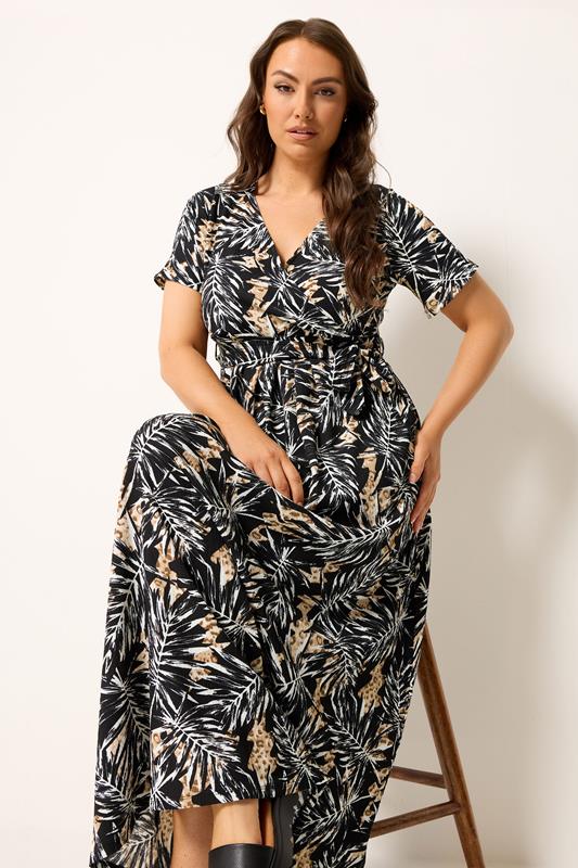 YOURS Plus Size Black Leaf Print Wrap Front Maxi Dress | Yours Clothing 1