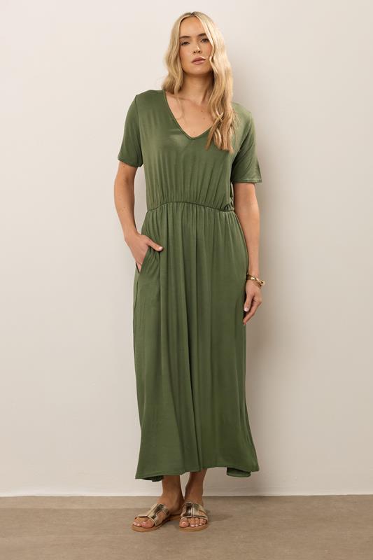 LTS Tall Women's Khaki Green Cotton Maxi T-Shirt Dress | Long Tall Sally 1