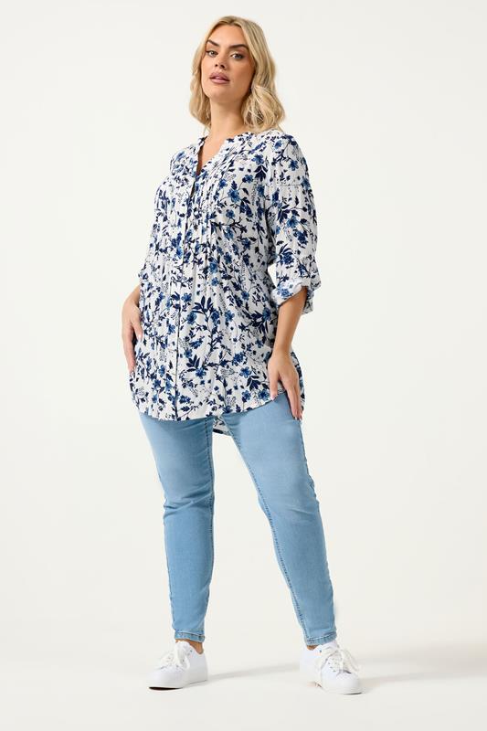 YOURS Plus Size Blue Floral Sequin Pintuck Blouse | Yours Clothing 1