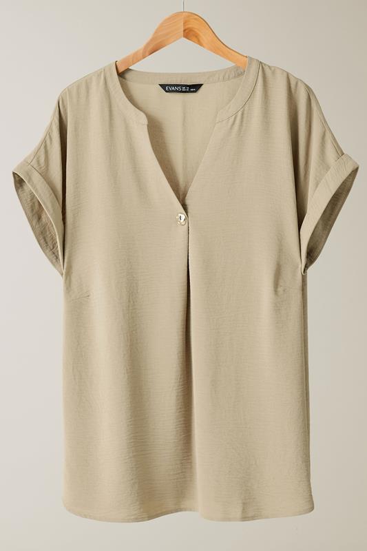 EVANS Plus Size Natural Brown Button Front Short Sleeve Blouse | Evans 6