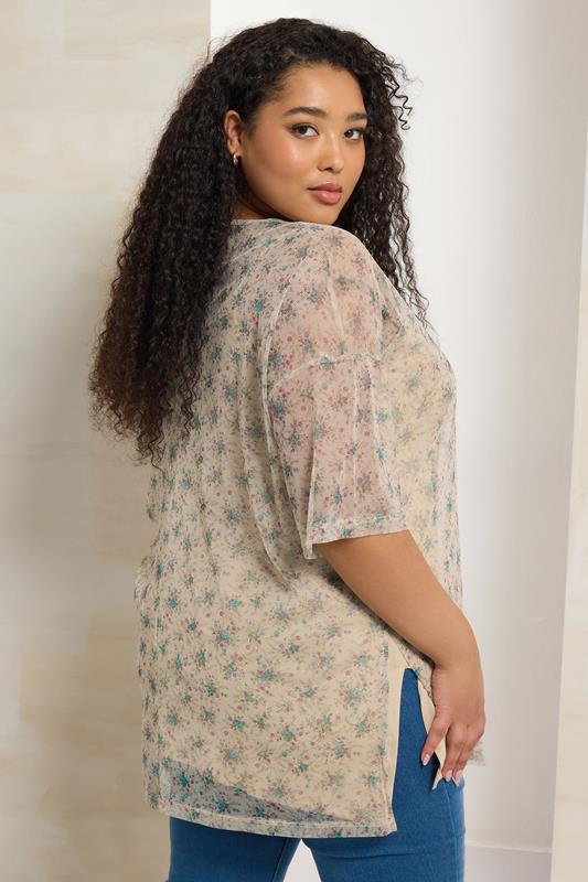 YOURS Plus Size Natural Brown & Blue Floral Oversized Mesh Top | Yours Clothing 2