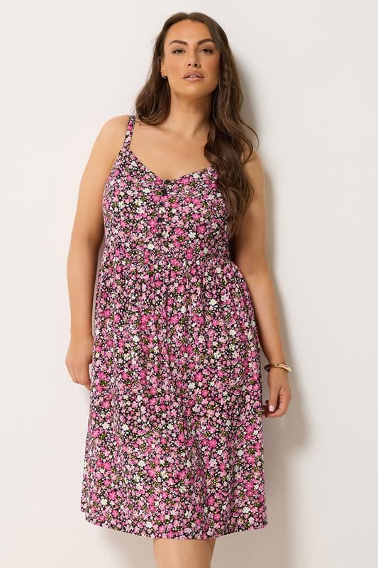  YOURS Curve Pink Ditsy Floral Strappy Midi Sundress
