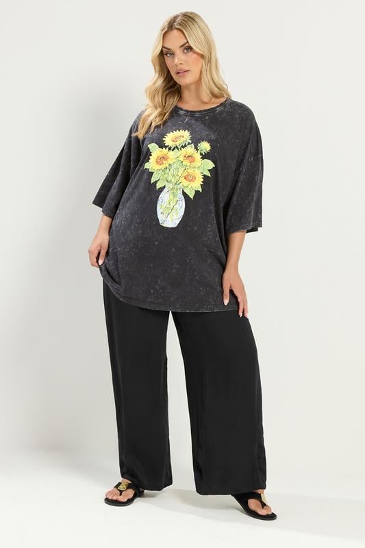 YOURS Plus Size Grey Acid Wash Sunflower Graphic T-Shirt | Yours Clothing 1