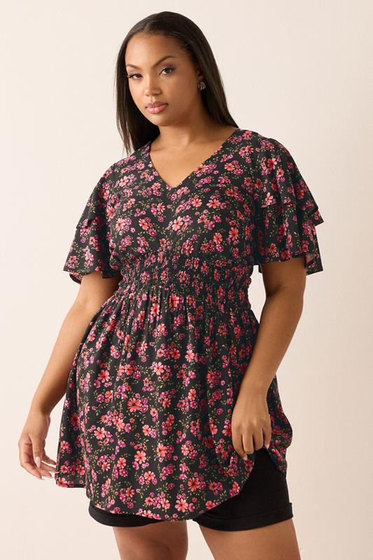 YOURS Plus Size Pink Floral Print Flutter Sleeve Top | Yours Clothing 1