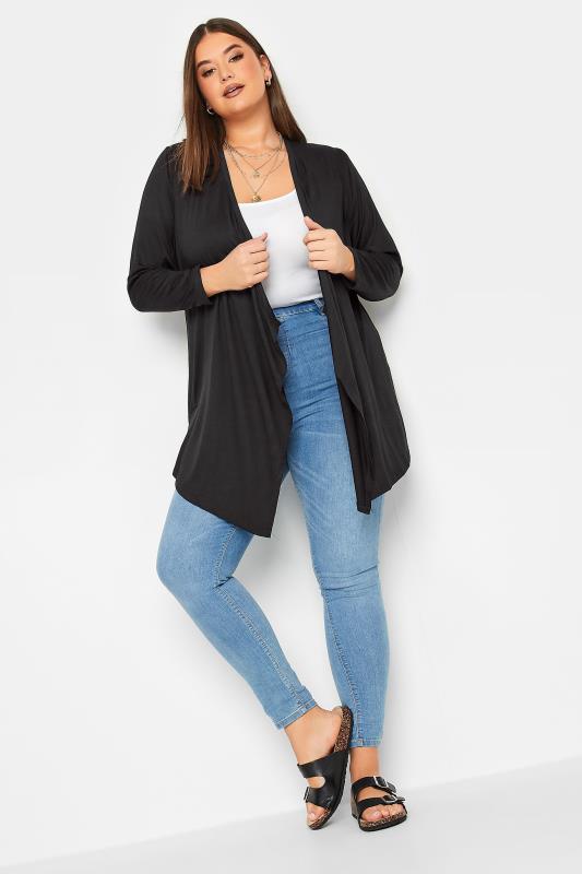 YOURS Plus Size Black Edge To Edge Waterfall Jersey Cardigan | Yours Clothing 2