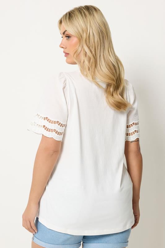 YOURS Plus Size White Broderie Anglaise Angel Sleeve T-Shirt | Yours Clothing 2