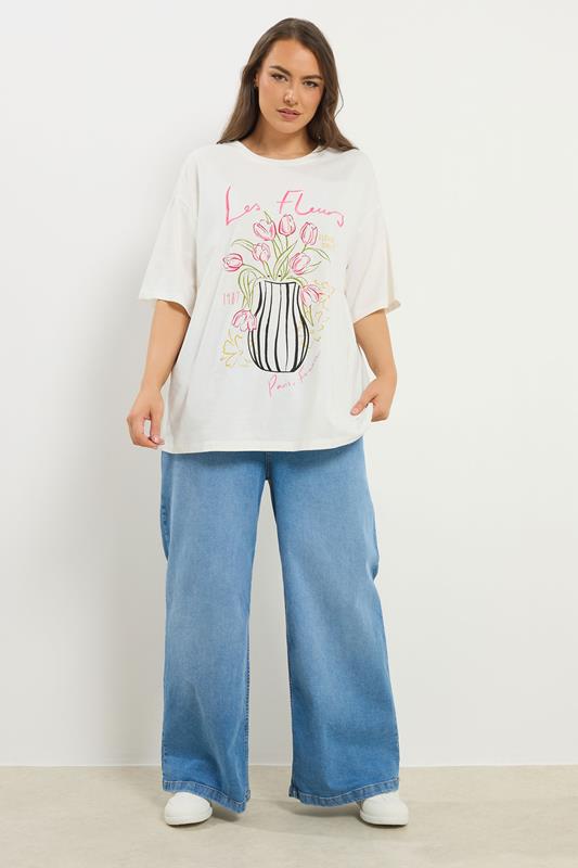YOURS Plus Size Ivory White 'Les Fleurs' Embroidered Relaxed T-Shirt | Yours Clothing 1