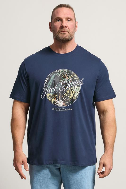 JACK & JONES Big & Tall Navy Blue Shape Print T-Shirt | BadRhino 1