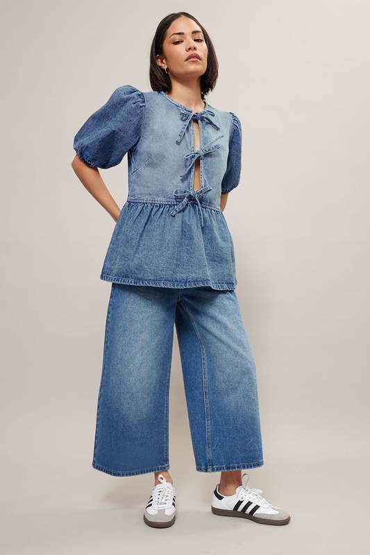 PixieGirl Petite Women's Blue Denim Tie Front Peplum Top | PixieGirl 2