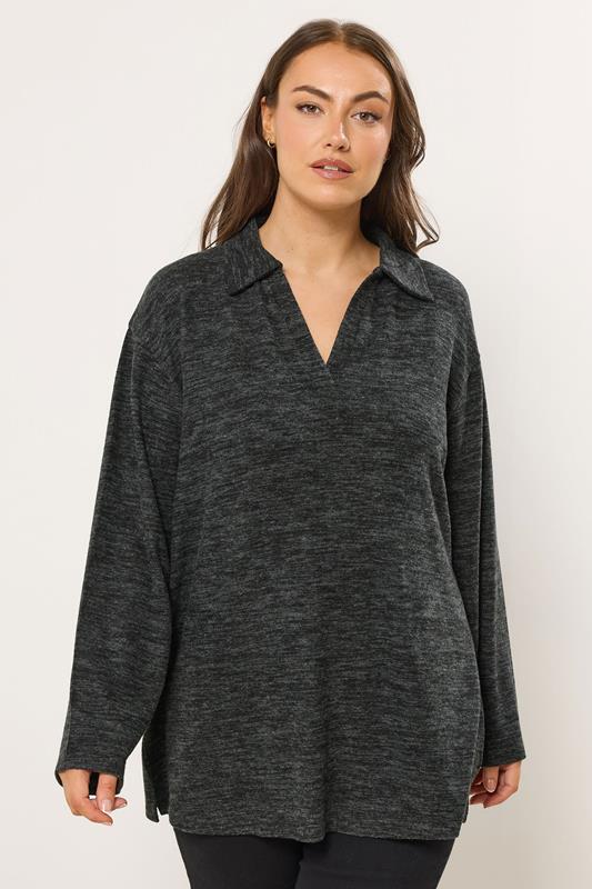 YOURS Plus Size Charcoal Grey Soft Touch Collared Jumper | Yours Clothing 1
