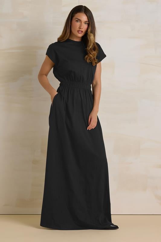 LTS Tall Black Jersey Shirred Waist Cotton Maxi Dress | Long Tall Sally 1