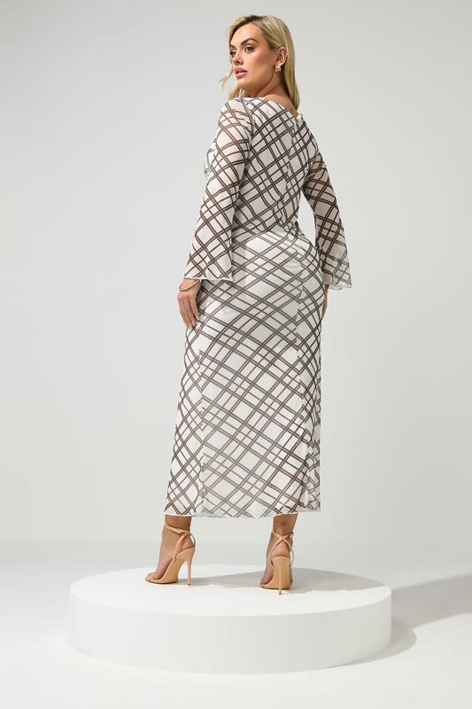 YOURS LONDON Plus Size Ivory White & Brown Checked Mesh Dress | Yours Clothing 2