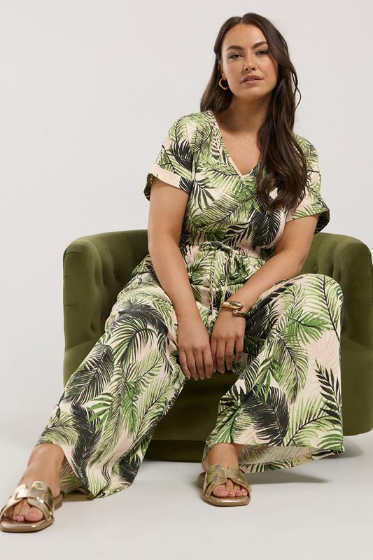 YOURS Plus Size White Palm Print Tie Front Jumpsuit | Yours Clothing 2