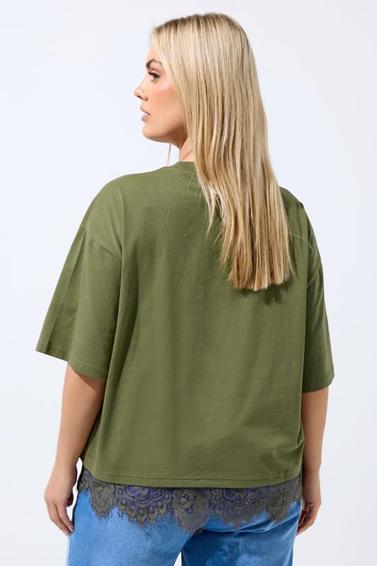 LIMITED COLLECTION Plus Size Khaki Green Oversized Lace Hem T-Shirt | Yours Clothing 2