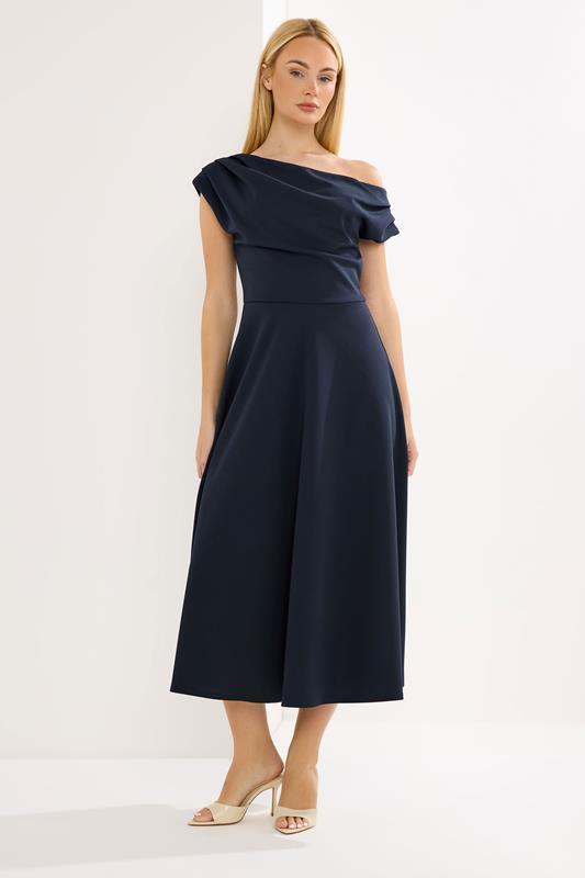 STAR Navy Blue Draped Midi Skater Dress | StarByJM 1