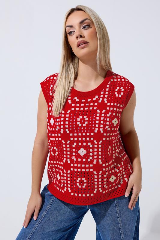 LIMITED COLLECTION Plus Size Red Knitted Crochet Vest | Yours Clothing 1