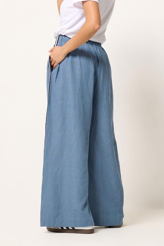 PxieGirl Petite Women's Blue Side Stripe Linen Wide Leg Trousers | PixieGirl 2
