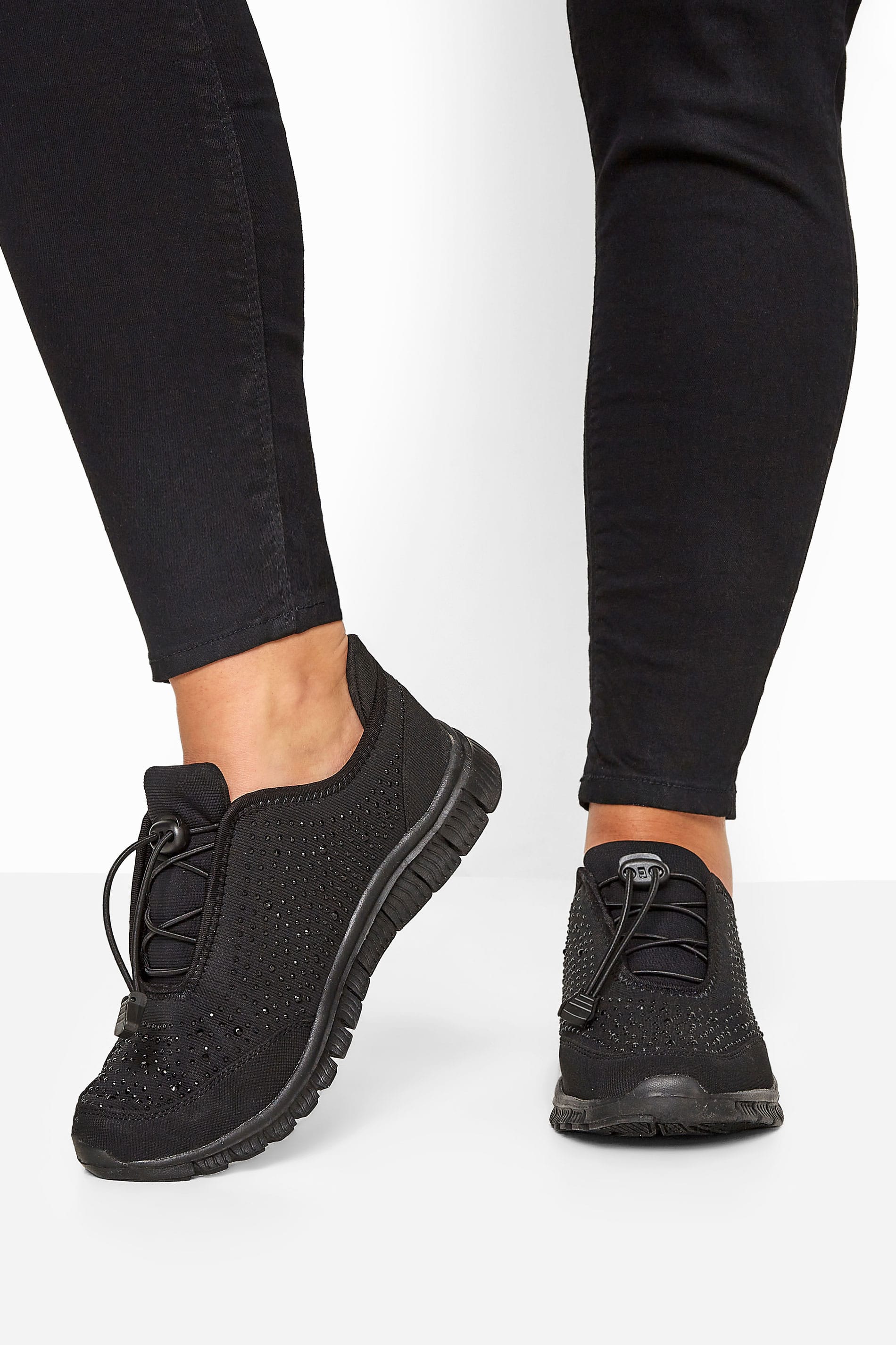 Black Embellished Drawcord Trainers In Wide E Fit & Extra Wide EEE Fit | Yours Clothing 1