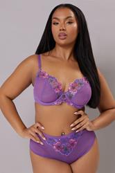YOURS Plus Size Purple Floral Embroidered Underwired Bra | Yours Clothing 1