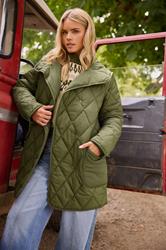 PixieGirl Petite Women's Khaki Green Funnel Neck Quilted Coat | PixieGirl 3