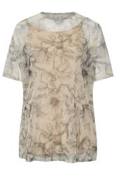 YOURS Curve Natural Brown Leaf Oversized Mesh Top