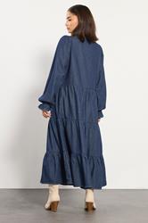 PixieGirl Petite Women's Dark Blue Tie Neck Tiered Cotton Dress | PixieGirl 4