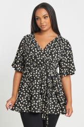 YOURS Plus Size Black Textured Floral Print Wrap Top | Yours Clothing 3