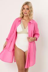 YOURS Plus Size Pink Longline Cotton Beach Shirt | Yours Clothing 1